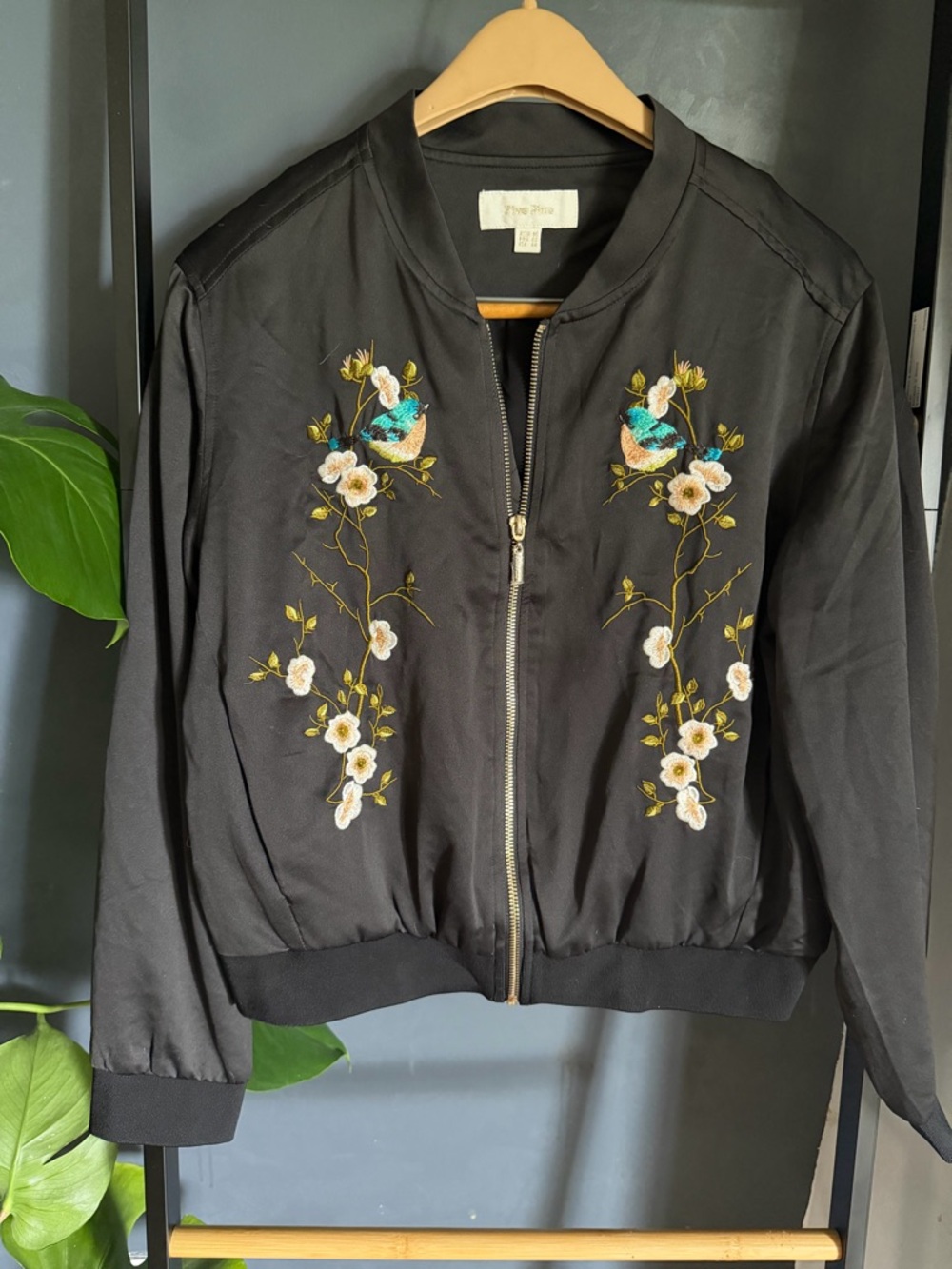 Five Plus Black Embroidered Bird Floral Bomber Jacket Zip Front Satin Look